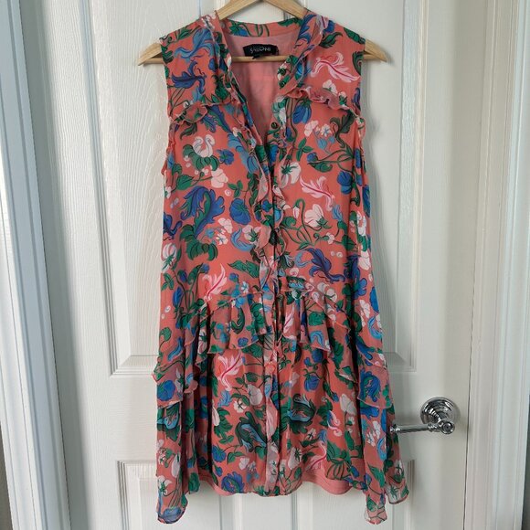 Saloni Shirt Dress Tilly 100% Silk Pink Floral Button Up Ruffle Sleeveless SZ4 - Picture 5 of 13